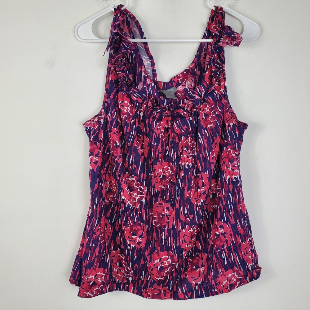 Ann Taylor Colorful Rose Pattern Sleeveless Blouse Womens Size 16 Ruffle Trim